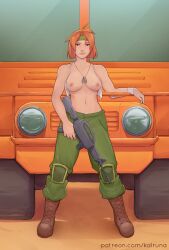 >:) 1girls advance_wars arm_support bare_arms bare_midriff bare_shoulders boots breasts breasts_out brown_eyes casual_nudity casual_topless collarbone female female_only full_body gun headband kalruna looking_at_viewer medium_breasts midriff necklace nintendo nipples open_clothes orange_hair pants sami_(advance_wars) short_hair shoulders smile smug soldier solo tactical_nudity tank_top teenage_girl teenager truck vehicle