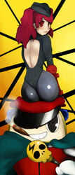 1boy 1girls ass big_ass breasts brown_eyes brown_hair cosplay cosplay_request fanibani female kujikawa_rise kuma kuma_(persona_4) large_ass m_bison_(cosplay) male megami_tensei persona persona_4 street_fighter teddie teddie_(persona)