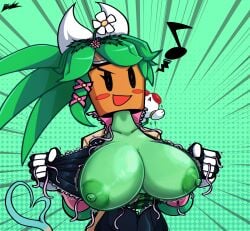 1girls anthro areola blaster_master breasts_out busty busty_female flashing_breasts green_body green_nipples huge_breasts kanna_(blaster_master) musical_note plant_girl plant_humanoid tail thighs watermelon_bra