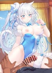 1boy 1girls after_sex animal_ears bar_censor bare_shoulders blue_eyes blush breasts cat_ears cat_tail censored coffeekite commentary_request cowgirl_position cum dark-skinned_male dark_skin dobrynya_nikitich_(fate) dobrynya_nikitich_(swimsuit_lancer)_(fate) dobrynya_nikitich_(swimsuit_lancer)_(second_ascension)_(fate) erection fate/grand_order fate_(series) female highres large_breasts leotard light-skinned_female light_skin long_hair nipples penis straddling straight tail thighs white_hair