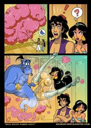 1girls 2boys akabur aladdin aladdin_(character) breasts comic disney disney_prince disney_princess erect_penis genie genie_(aladdin) huge_cock human humor penis princess_jasmine sex sex_doll straight