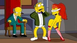 blindfold breasts claudia-r clothes color female high_heels human indoors male montgomery_burns multiple_males nipples nude sitting tagme the_simpsons waylon_smithers