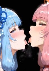 ai_generated blue_eyes blue_hair blush drooling incest kissing kotonoha_akane kotonoha_aoi open_mouth pink_eyes pink_hair saliva_trail sisters sweat tongue voiceroid yuri