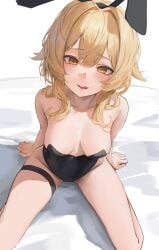 1girls :d absurd_res absurdres arm_support bare_arms bare_chest bare_knees bare_legs bare_shoulders bare_skin bare_thighs bed black_bunny_ears black_bunnygirl_costume black_bunnysuit black_thighband blonde_female blonde_hair blonde_hair blonde_hair_female blush blush blush_lines blushing_female breasts bunny_ears bunny_tail bunnygirl bunnygirl_outfit cleavage cleft_of_venus collarbone dot_nose elbows eyebrows_visible_through_hair female female_focus female_only fingers full_body genshin_impact groin hair_between_eyes head_tilt high_resolution highres hiki_niito hiki_nito hikinito_(leviathan) hourglass_figure knees legs legs_apart legs_spread leviathan_(hikinito0902) light-skinned_female light_skin lips looking_at_viewer lumine_(genshin_impact) medium_breasts medium_hair naked naked_female nude nude_female pussy shoulders simple_background sitting sitting_on_bed sitting_on_knees slender_body slender_waist slim_girl slim_waist smile smiling smiling_at_viewer solo spread_legs thick_thighs thighband thighs thin_waist tilted_head tongue tongue_out v-line wavy_hair white_background white_bed_sheet wide_hips yellow_eyes yellow_eyes_female