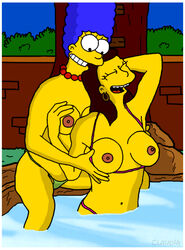 blue_hair breasts brown_hair claudia-r color female female_only hair human marge_simpson multiple_females multiple_girls nipples outdoors ruth_powers tagme the_simpsons water yuri