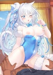 animal_ears bare_shoulders blue_eyes blush breasts cat_ears cat_tail censored coffeekite commentary_request cowgirl_position dobrynya_nikitich_(fate) dobrynya_nikitich_(swimsuit_lancer)_(fate) dobrynya_nikitich_(swimsuit_lancer)_(second_ascension)_(fate) fate/grand_order fate_(series) female highres large_breasts leotard long_hair nipples open_mouth penis pussy sex straddling straight tail thighs vaginal_penetration white_hair