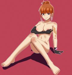 07th_expansion 2024 bangs big_breasts breasts elbow_glove eva_ushiromiya feet female female_focus gloves highres holding_breast legs looking_at_viewer milf navel nipples nude_female orange_hair purple_eyes red_background simple_background smiling umineko_no_naku_koro_ni z18tt