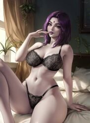 1girls alternate_version_available artist_signature aylis_nyan big_breasts bra busty dc dc_comics grey_skin lingerie mature panties purple_eyes purple_hair purple_lipstick rachel_roth raven_(dc) sitting sitting_on_bed teen_titans thick_thighs thighs