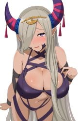 1girls absurdres ass_visible_through_thighs asymmetrical_horns breasts cleavage dark-skinned_female dark_skin dragon_girl fire_emblem fire_emblem_engage grey_hair hair_ornament hair_over_one_eye highres horns large_breasts leaning_forward looking_at_viewer mature_female nintendo patty_ojisan pointy_ears purple_eyes tassel tassel_hair_ornament uneven_horns zephia_(fire_emblem)