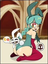 8ball9615 amber_eyes annie_(skullgirls) armwear big_ass bunny_ears eye_patch green_hair high_heels legwear lipstick one_piece_suit petite_body petite_female pink_makeup sagan_(skullgirls) skullgirls small_breasts twin_braids