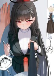 1boy 2girls absurdres black_hair black_nails black_necktie black_skirt blue_archive blurry blush breasts bright_pupils buttons censored depth_of_field doodle_sensei_(blue_archive) female fingernails hair_ornament hairpin halo highres large_breasts long_hair looking_at_viewer mijikayo mosaic_censoring multiple_girls nail_polish necktie open_mouth penis pleated_skirt red_eyes ringed_eyes rio_(blue_archive) sensei_(blue_archive) skirt sweater toki_(blue_archive) turtleneck turtleneck_sweater watch white_pupils white_sweater wristwatch