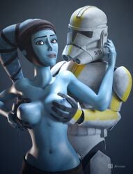 1boy 1girls 3d 3d_(artwork) aayla_secura airress3d airress3d_(3d-modeller) areolae armor blender blue_body blue_skin bottomwear breast_grab breast_press breast_squeeze breasts clone_trooper clone_wars collarbone duo female groping groping_breasts half-dressed half_naked hand_on_breast headwear helmet hi_res jedi jedi_master lekku lekku_(anatomy) looking_at_viewer lucasfilm male male/female medium_breasts nipples presenting presenting_breasts simple_background standing star_wars topless twi'lek watermark