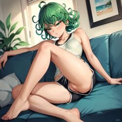 ai_generated barefoot blush breasts curly_hair day feet female green_eyes green_hair henrychrist indoors looking_at_viewer one-punch_man petite plant pussy pussy_slip short_hair shorts sitting small_breasts solo tatsumaki toes window