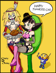 2girls black_hair blonde_hair blush bondage female female_only jay-triqz mega_man mega_man_legends multiple_girls pussy roll_caskett s&m sex sex_toy sitting slashysmiley thanksgiving tron_bonne