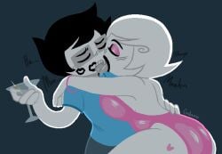 alcohol black_hair black_hair_male black_lipstick blonde_hair blonde_hair_female curly_hair curly_hair_female female galaxic galaxicsin glasses homestuck homestuck^2 john_egbert kisisng lipstick lipstick_mark makeout male/female roxy_lalonde short_hair short_hair_female short_hair_male swimsuit