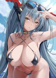 1girls absurdres azur_lane black_slingshot_swimsuit blue_hair breasts choker dragon_horns eyewear_on_head female highres horns iron_blood_(azur_lane) kanesada_dp large_breasts leaning_forward light-skinned_female light_skin long_hair looking_at_viewer mechanical_horns mechanical_tail nail_polish official_alternate_costume painted_nails regensburg_(azur_lane) regensburg_(dark_dragon,_brilliant_beach)_(azur_lane) slingshot_swimsuit solo spikes stomach sunglasses swimsuit tail thighs twintails yellow_eyes