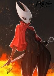 zoobastik hornet_(hollow_knight) hollow_knight hollow_knight:_silksong female female_only solo solo_female functionally_nude functionally_nude_female bottomless cloak cloak_only thick_thighs exoskeleton insect insect_girl arthropod child_bearing_hips small_breasts slender_waist long_lashes melee_weapon black_body no_hair bedroom_eyes looking_at_viewer