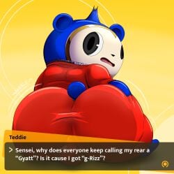 absurd_res anthro ass bear big_ass brainrot bulge clothing dialogue furry furry_male game_ui hand_on_butt hi_res humor looking_at_viewer looking_back male male_only mammal meme persona_(series) persona_4 pun solo suit teddie_(persona) tepigfan101 text_box tight_clothing