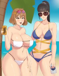 2girls anis_(nikke) beach big_breasts bikini brown_eyes brown_hair clothing eve_(stellar_blade) female female_only goddess_of_victory:_nikke hair_ornament huge_breasts multiple_girls shift_up stellar_blade sunglasses sunglasses_on_head swimsuit tiredtorto tree wet_skin yellow_eyes