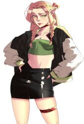 bangs belt black_choker black_skirt blonde_hair braid breasts choker clothing contemporary cowboy_shot dungeon_meshi earrings elf female female female_only genderswap_(mtf) green_eyes hair_ornament hands_in_pockets hands_on_hips jacket jewelry jobin_chan lips long_hair long_sleeves looking_at_viewer makeup marcille_donato midriff nail_polish navel necklace open_clothes open_jacket pointed_ears rule_63 shirt shorts simple_background single_braid skirt small_breasts smile solo standing strapless thigh_strap thighs tied_hair tongue tongue_out torn_clothes twin_braids white_background