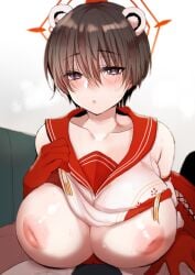 :o animal_ears black_eyes black_hair blue_archive blurry blurry_background blush breasts clothes_lift clothing_cutout collarbone commentary_request couch cowboy_shot cross-laced_clothes cross-laced_cutout elbow_gloves extra_ears female gloves hair_between_eyes half-closed_eyes halo hand_on_own_chest indoors inverted_nipples large_breasts lifting_own_clothes lying mamemix nipples on_stomach open_hand raccoon_ears raccoon_girl red_gloves red_halo red_sailor_collar red_skirt sailor_collar shirt shirt_lift short_hair skirt solo spread_fingers torogao tsubaki_(blue_archive)