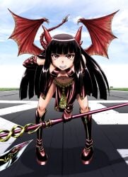 bent_over boots breasts demigoddess demon_wings fangs gate_-_jieitai_ka_no_chi_nite_kaku_tatakaeri gloves halberd horns looking_at_viewer rory_mercury runway sao_satoru tail weapon wings