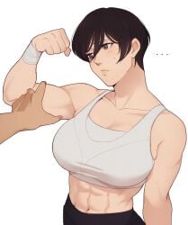 1girls abs asian asian_female athletic athletic_female attack_on_titan biceps big_breasts black_hair breasts dark-skinned_male dark_skin female_abs female_focus fit_female flexing go_on_feel_it_(meme) gym_clothes hanpetos light-skinned_female light_skin mikasa_ackerman muscles muscular muscular_abs muscular_female out_of_frame_male shingeki_no_kyojin short_hair short_hair_female sports_bra sportswear toned toned_female workout_clothes