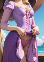 ai_generated breasts cleavage corset disney disney_princess exposed flashing flashing_panties freckles freckles_on_breasts long_hair medium_breasts panties pink_panties rapunzel tangled