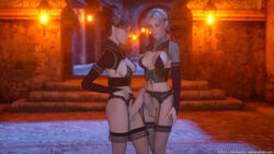 2futas 3d 3d_(artwork) armwear blonde_hair breasts brown_hair cleavage corset elf eralin_(affect3d) fishnet fishnet_stockings fishnets footwear french_nails frottage futa_on_futa futa_only futa_with_futa futanari garter garter_belt hair headband intersex light_skin lord_kvento meralin_(affect3d) outfit penis pointy_ears sisters sleeves stockings strap testicles text tights twins