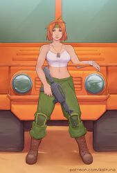 >:) 1girls advance_wars arm_support bare_arms bare_midriff bare_shoulders boots breasts brown_eyes cleavage collarbone female female_only full_body gun headband kalruna looking_at_viewer medium_breasts midriff navel necklace nintendo orange_hair pants sami_(advance_wars) short_hair shoulders smile smug soldier solo tank_top teenage_girl teenager truck vehicle