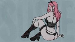 ass black_lingerie blue_eyes braces cat_ears dbd dead_by_daylight garter_belt high_heels lace_trim lace_up_boots lingerie looking_at_viewer pale_skin pink_hair sitting susie_(dead_by_daylight) susie_lavoie the_legion worsenworse