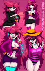 1girls beach_clothes black_hoodie breasts_bigger_than_head deviantart different_clothes different_eye_color different_eyes different_poses fnf fnf_mods friday_night_funkin headphones heart-shaped_pupil jane_mccormick jmcchannel pink_and_black_clothes robot_eye salmon_hair smiling thighs