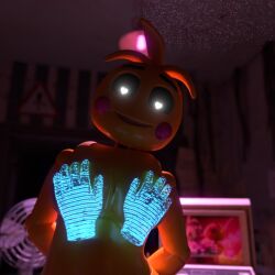 1:1 3d 3d_(artwork) animatronic anthro avian blender_(artwork) breast_grab breasts desk_fan digital_media_(artwork) disembodied_hand female first_person_view five_nights_at_freddy&#039;s five_nights_at_freddy&#039;s_2 glowing glowing_eyes hand_on_breast kogrib looking_at_viewer lovetaste_chica machine nude office robot scottgames solo toy_chica_(fnaf) toy_chica_(love_taste) virtual_hands