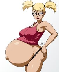 1girls armpits batman:_the_animated_series batman_(series) belly black_panties blonde_hair blue_eyes casual dark_lipstick dc dc_comics dcau female female_only glasses harleen_quinzel harley_quinn harley_quinn_(classic) nipple_bulge no_bra outie_navel panties pigtails pregnant ready_to_pop sado_art solo tagme tank_top twintails underweardc