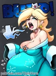 1girls belch belching big_round_belly blonde_hair burp burping female female_only female_pred grey_background mario_(series) nintendo opis princess princess_rosalina super_mario_galaxy vore