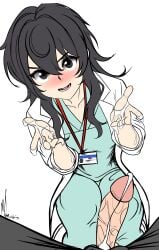 1boy 1girls after_handjob after_orgasm ameku_takao ameku_takao_no_suiri_karte brown_hair cum dripping dripping_cum eye_contact grey_eyes light-skinned_female light-skinned_male light_skin looking_at_viewer penis pov pov_eye_contact scrubs semen smiling
