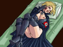 1girls areola blonde_hair blue_eyes breasts busty cleavage cosplay high_heel_boots high_heels history iron_cross nazi nipples prodigyduck swastika swastika_earrings thighhigh_boots voluptuous world_war_2