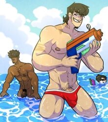 beach black_hair bulge dark_skin disventure_camp gay hunter_(disventure_camp) james_(disventure_camp) male_only muscles muscular naked nude pubic_hair scar summer swimsuit tom_(disventure_camp) victoreh_draws water wet yaoi