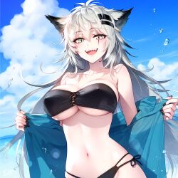 1girls ai_generated arknights beach bikini black_bikini lappland_(arknights) light_skin solo_female swimsuit white_hair wolf_ears wolf_girl