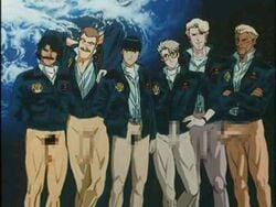 6+boys age_difference alpha_a._bate bara bernard_monsha black_hair blonde_hair bottomless brown_hair censored chap_adel chuck_keith crossed_arms crossed_legs erection facial_hair flaccid glasses gundam hand_behind_back hand_on_hip hands_behind_head human kou_uraki lineup looking_at_viewer male male_only multiple_males open_jacket penis_size_difference pointless_censoring south_burning white_hair