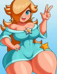 1girls ai_generated animated ass_focus big_breasts blonde_hair blue_dress blue_eyes boob_window casual casual_nudity cleavage clothed earrings eyelashes female female_only gradient_background hand_on_hip huge_ass huge_thighs human hyper_thighs long_hair loop mario_(series) mp4 navel navel_visible_through_clothes no_bra no_sound one_eye_obstructed open_mouth peace_sign piercings princess_rosalina smile solo solo_female star teeth thick_thighs tiny_waist video virtuai