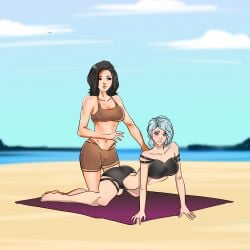 2girls anoneysnufftan applying_sunscreen beach beach_towel bikini black_eyes black_hair blue_eyes blue_hair ciri clothed embarrassed female female_only humiliation imminent_death killer_lotion mass_effect massage miranda_lawson murder ocean peril punishment rubbing sand seaside short_hair sky snuff summer sunbathing swimsuit the_witcher_(series) towel