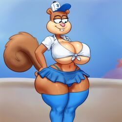 ai_generated anthro big_ass big_breasts cleavage curvy huge_ass large_ass miniskirt original sandy_cheeks self_upload small_waist spongebob_squarepants thecook thick_ass thick_thighs thong tight_clothing underboob voluptuous