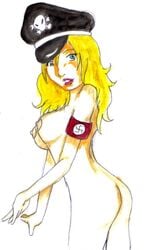 1girls areola ass blonde_hair blue_eyes breasts cleavage color female female_only german_officer history larukudirulove long_hair nazi nipples peaked_cap solo swastika voluptuous world_war_2