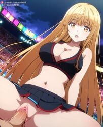 ai_generated anime blonde_hair bondage cheerleader cheerleader_outfit cowgirl_position otonari_no_tenshi-sama_ni_itsu_no_mani_ka_dame_ningen_ni_sarete_ita_ken ranwai sex shiina_mahiru stable_diffusion vaginal_penetration vaginal_sex yellow_eyes