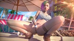 3d anus beach bottomless bottomless_female cyberpunk_2077 exhibitionism female female_only judy_alvarez looking_down looking_down_at_self open_mouth public public_masturbation public_nudity pussy rubixx_nsfw shoes solo solo_female squatting tattoo tattoos vibrator vibrator_in_pussy