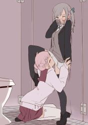 2girls bathroom blue_eyes blush clitoral_stimulation cute eating_pussy female_only femsub hentai lesbian_couple lesbian_sex licking_pussy multiple_girls original original_character original_characters pink_hair silver_hair socks stall unomiki yuri