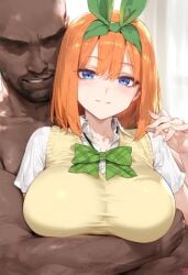 1boy 1girls ai_generated bald bangs beard blue_eyes blush bow bowtie breasts clothed_female_nude_male clothing collared_shirt dark-skinned_male dark_skin eyebrows_visible_through_hair faceless faceless_male facial_hair female go-toubun_no_hanayome grabbing green_bow green_bowtie green_hairband green_neckwear green_ribbons hair_between_eyes hair_ornament hair_ribbon hairband hug interracial large_breasts looking_at_viewer male manly medium_hair nakano_yotsuba nakatori netorare ntr nude orange_hair parted_lips ribbon school_uniform shirt short_hair short_sleeves smile straight sweater_vest uniform upper_body white_shirt