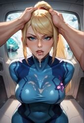 1boy 1girls after_fellatio ai_generated blonde_hair blue_eyes blush cum cum_drip cum_in_mouth cum_on_clothing cum_on_face cum_on_upper_body dubious_consent female hands_on_another's_head light-skinned_female male metroid navel_visible_through_clothes ponytail pov_eye_contact rape samus_aran zero_suit_samus