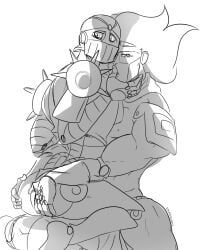 2boys armor ass ass_grab floating floating_hair gay grayscale hand_on_another's_face hand_on_another's_head hands_on_another's_butt hands_on_ass highres humanoid_focus humanoid_male humanoid_on_humanoid jojo's_bizarre_adventure jotaroviado knight loincloth looking_at_viewer looking_down male_focus male_only monochrome muscular muscular_male no_sex partially_clothed silver_chariot spikes stand_(jjba) star_platinum stardust_crusaders thighs white_background